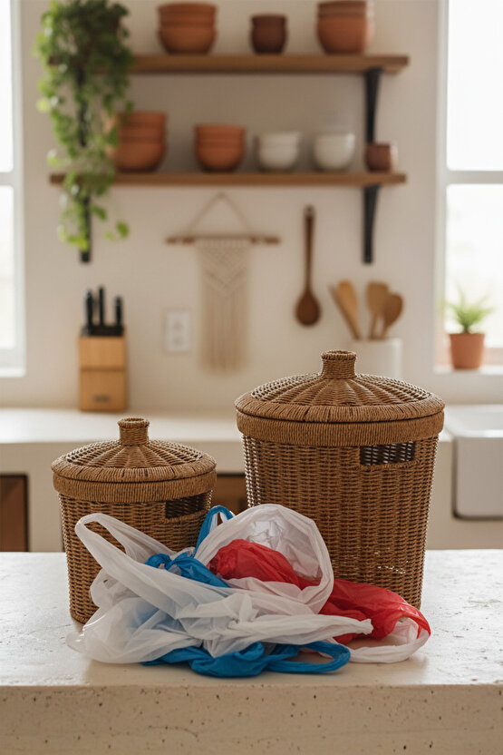 Rattan Konik 2li Kapaklı Sepet