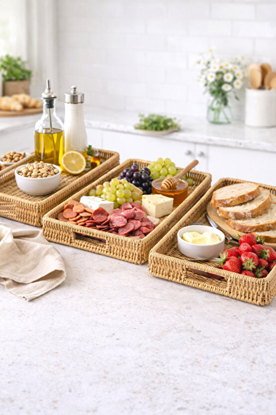 3’lü Rattan Dikdörtgen Tepsi Seti – Hasır Servis & Sunum Tepsisi, Doğal Görünüm