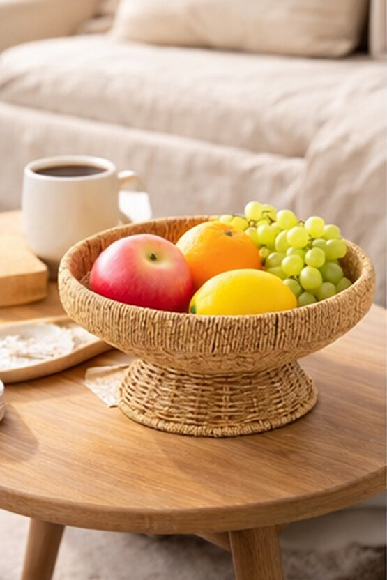 Ayaklı Rattan Meyvelik – Hasır Dekoratif Servis Kasesi, Doğal Görünüm