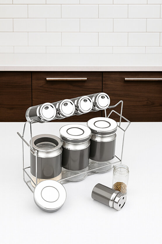 Standlı 9’lu Cam Baharatlık Seti Paslanmaz Çelik Kapaklı Mutfak Düzenleyici Tezgah Baharat Takımı
