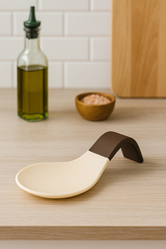 Şık Mutfak Kaşık Altlığı – Tezgah Üstü Kaşık Standı, Kaymaz Tasarım, Kolay Temizlenir, Krem & Kahve