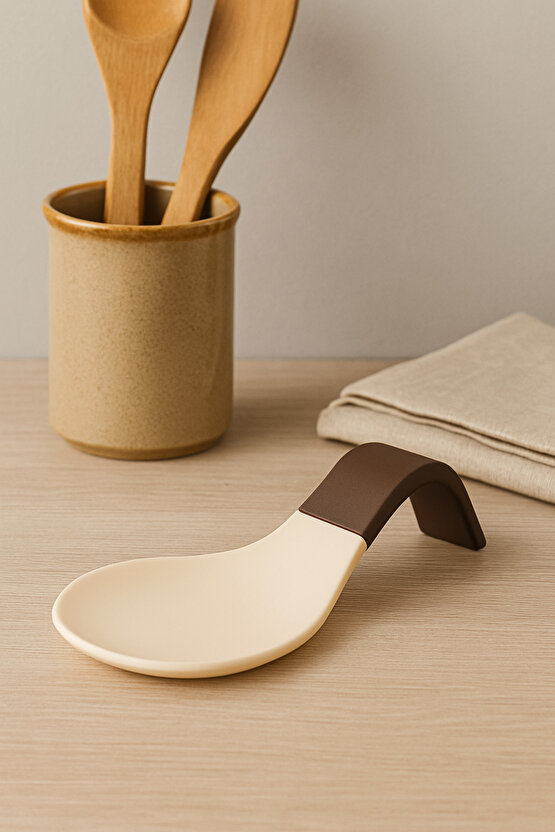 Şık Mutfak Kaşık Altlığı – Tezgah Üstü Kaşık Standı, Kaymaz Tasarım, Kolay Temizlenir, Krem & Kahve