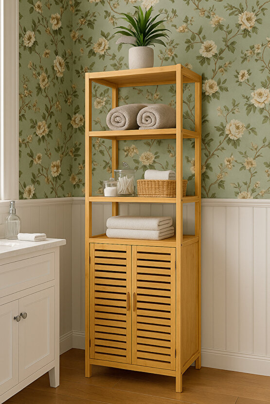 Bambu 3 Raflı Banyo Dolabı & Çok Amaçlı Düzenleyici – 170x66x30 cm, Havalandırmalı Kapaklı Alt Dolap