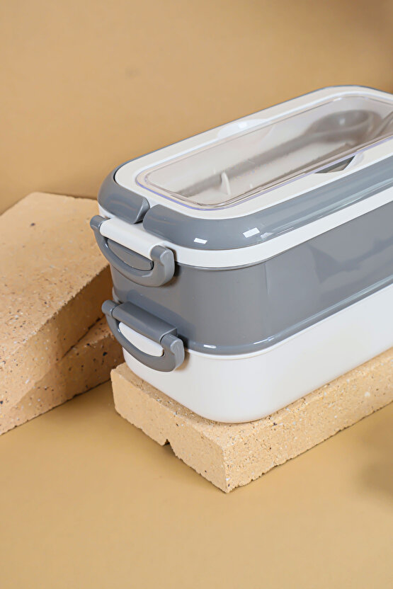 2 Katlı Sızdırmaz Taşıma Saplı Saklama Beslenme Kabı - Mikrodalgaya Uygun Öğle Yemeği Kabı