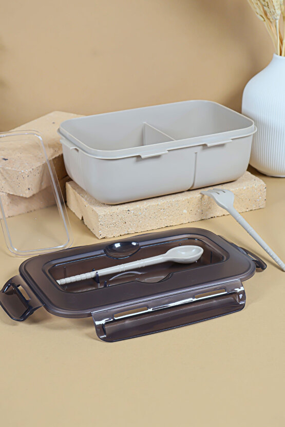 Sızdırmaz Kapaklı Kaşıklı Dikdörtgen Beslenme Kabı - Mikrodalgaya Uygun Öğle Yemeği Kabı