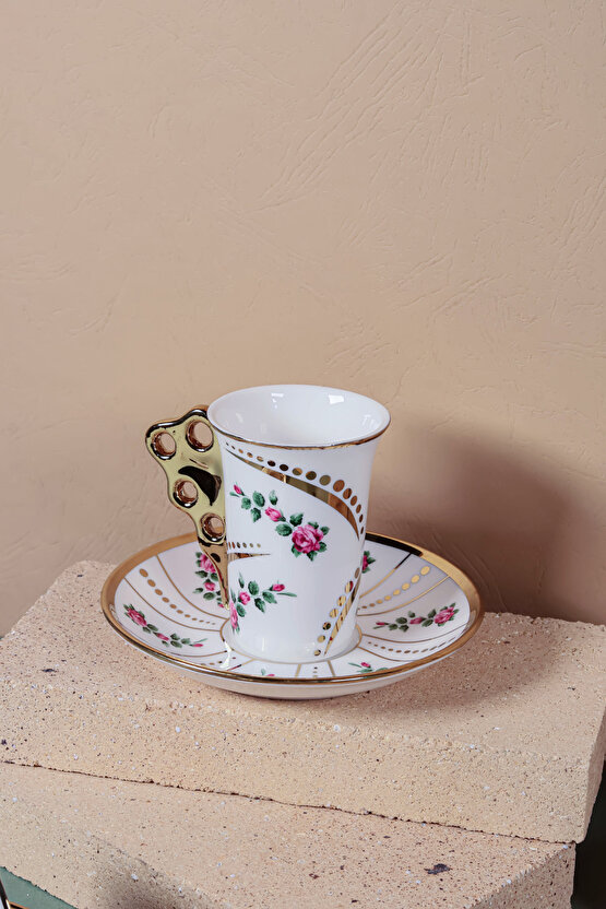 Gold Kulplu 6 Kişilik 12 Parça Porselen Kahve Fincan Takımı – Çiçek Desenli, Lüks Zarif Tasarım