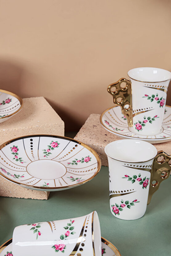 Gold Kulplu 6 Kişilik 12 Parça Porselen Kahve Fincan Takımı – Çiçek Desenli, Lüks Zarif Tasarım