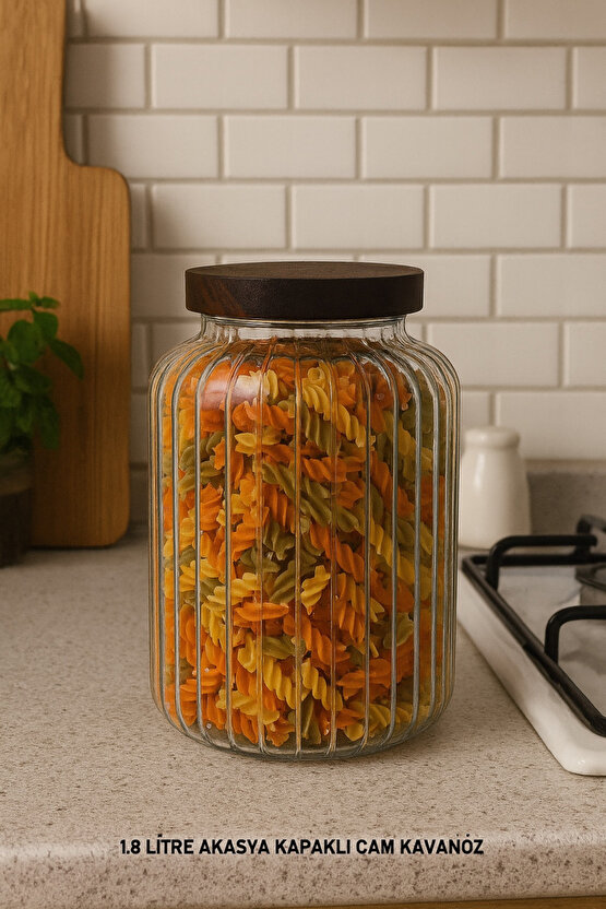 1.8 Litre Akasya Kapaklı Cam Kavanoz – Büyük Boy Saklama Kabı, Bakliyat, Kahve, Baharat Kavanozu