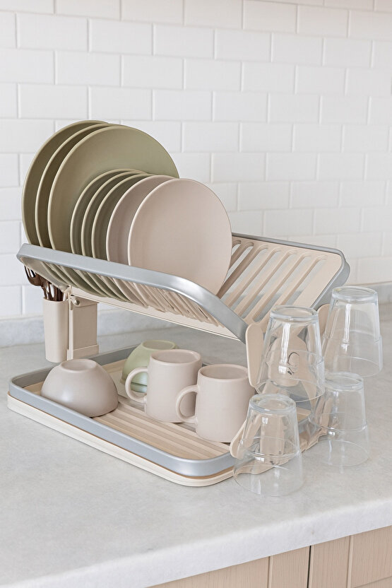 Metal Bulaşıklık Kurutmalık Su Tahliye Tepsili Çatal-Bıçak Bölmeli Tabak Bardak Organizeri