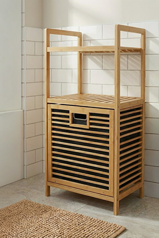 Bambu Dikey Çamaşır Sepeti Raflı Çamaşır Sepeti 40x30x95 Cm