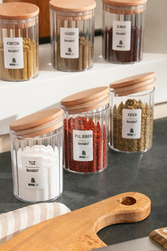 6’lı 450 ml Kristal Baharatlık Seti – Ahşap Kapaklı, Etiketli Saklama Kavanozu WoodCap