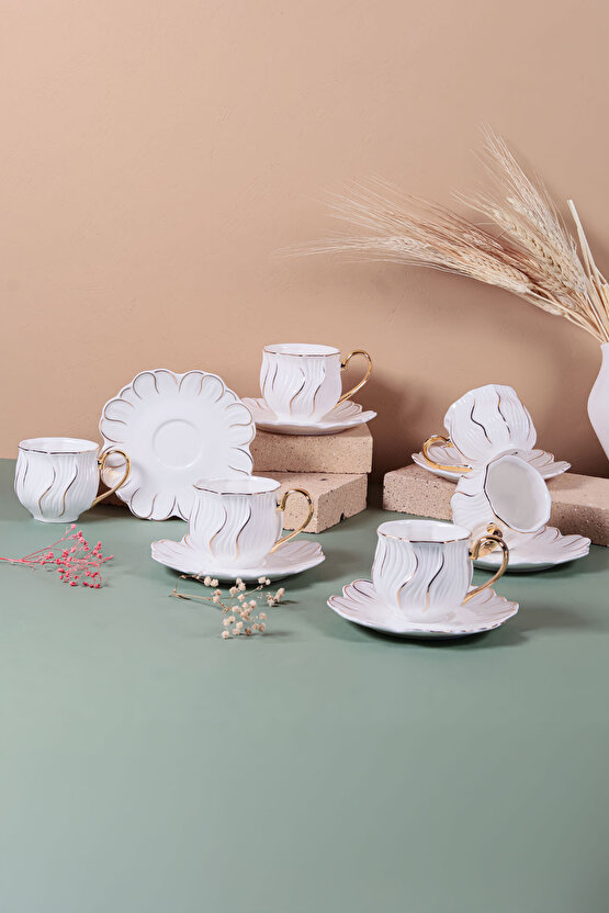 6 Kişilik Altın Yaldızlı Kahve Fincan Takımı – Özel Tasarım Porselen Beyaz 90 ml