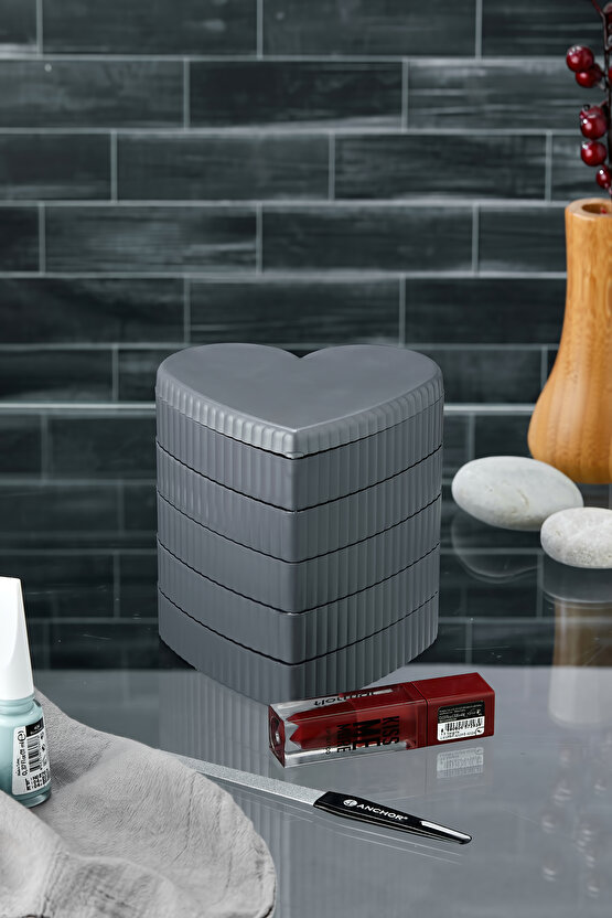 Çizgili Desenli Kalpli Mina 5 Katlı Aynalı Takı Organizeri Gri Renk - Aynalı Takı Organizeri