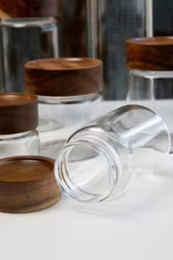 6lı Akasya Kapaklı Strokka 200 ml Cam Baharatlık Seti