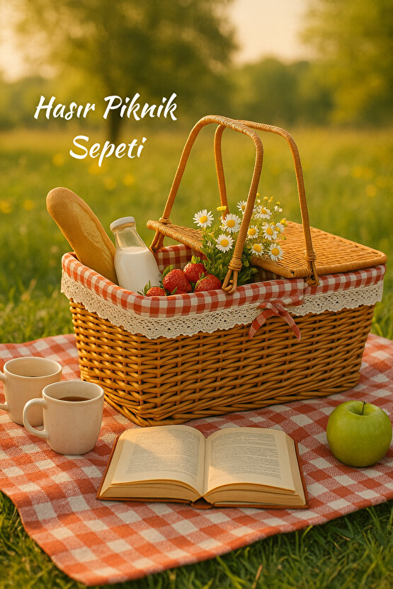 Kapaklı Hasır Piknik Sepeti – Dantelli, Kırmızı Kareli Kumaşlı, Şık ve Doğal Tasarım 39 cm