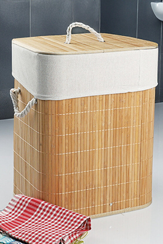Doğal Bambu Kapaklı Çamaşır Sepeti – Kapaklı, İpli Kulplu, Yıkanabilir İç Torbalı, 60 Lt.