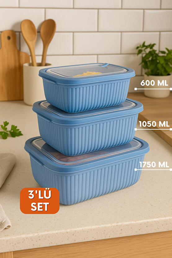 3lü Mikrodalga Uyumlu Dikdörtgen Gıda Saklama Kabı Seti Sızdırmaz Kapaklı Buzdolabı Dondurucu Uygun