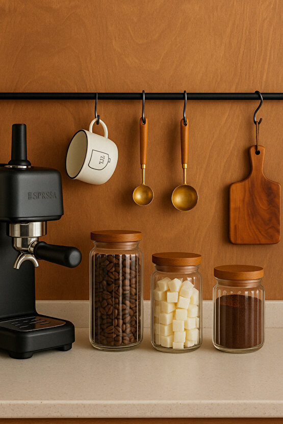 Ahşap Kapaklı Cam Gıda Saklama Kavanozu Vakum Kapaklı Büyük Boy Erzak Bakliyat Seti 3lü Set 750 ml