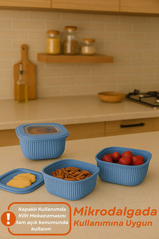 3lü Renkli Kilitli Kapaklı Saklama Kabı Difrize Mikrodalga ve Buzdolabı Uyumlu Düzenleyici