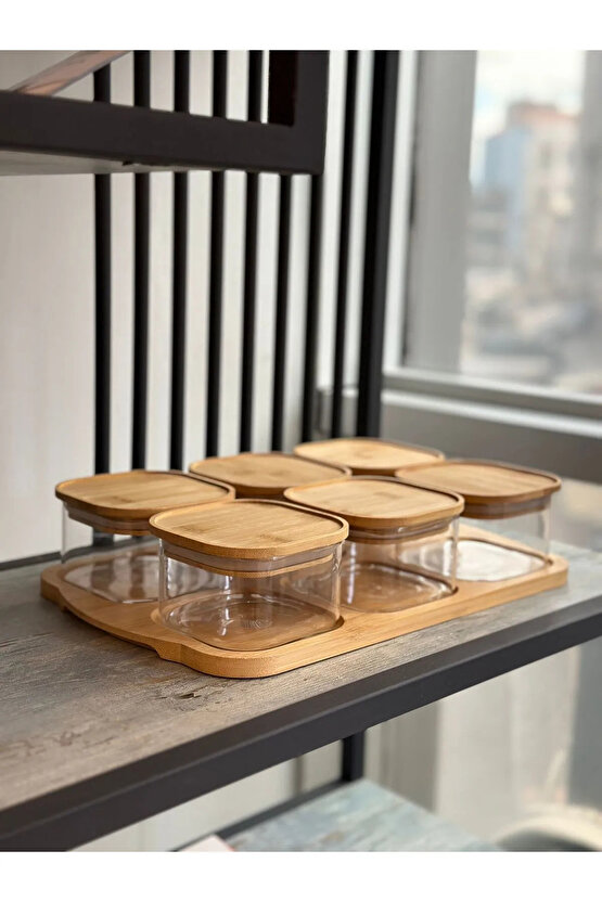 6lı Bambu Kapaklı 300 ml Sızdırmaz Cam Kahvaltılık Seti Saklama Kabı