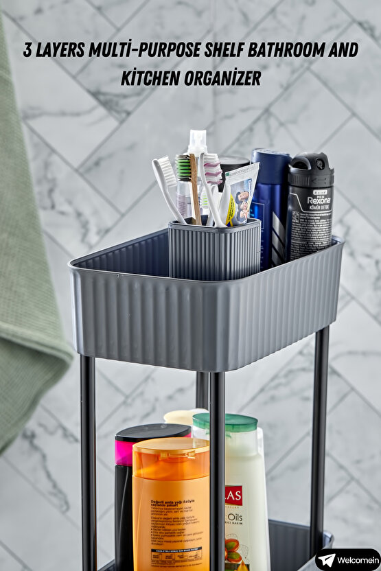 Easy 3 Katlı Çok Amaçlı Raf Banyo Ve Mutfak Organizer Düzenleyici (Tekerlekli) 3 Katlı Şık