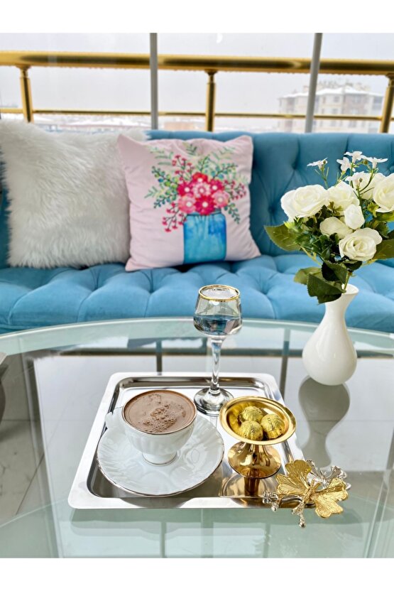 Lüx Kelebek Aksesuarlı Paslanmaz Çelik Kare Gümüş Kahve, Çay, Dekoratif Sunum Servis Tepsisi