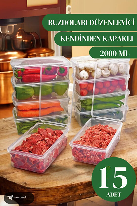 15 Adet 2 Lt. Kendinden Kapaklı Derin Dondurucuya Uygun Buzluk Saklama Kabı Düzenleyici  (2000 Ml)