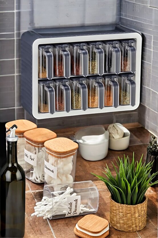12 li Standlı Kendinden Yapışkanlı Kapaklı Kaşıklı Baharatlık Takımı Ve 4lü Ahşap Kapaklı Banyo Seti