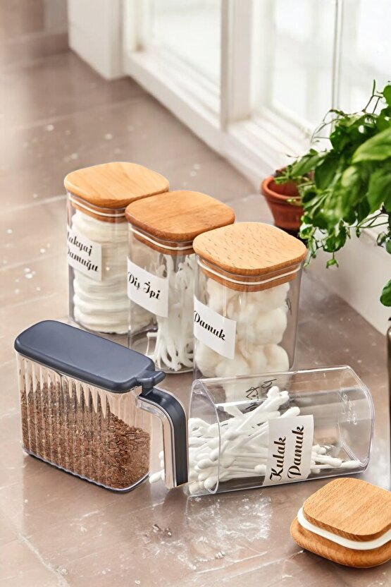 12 li Standlı Kendinden Yapışkanlı Kapaklı Kaşıklı Baharatlık Takımı Ve 4lü Ahşap Kapaklı Banyo Seti