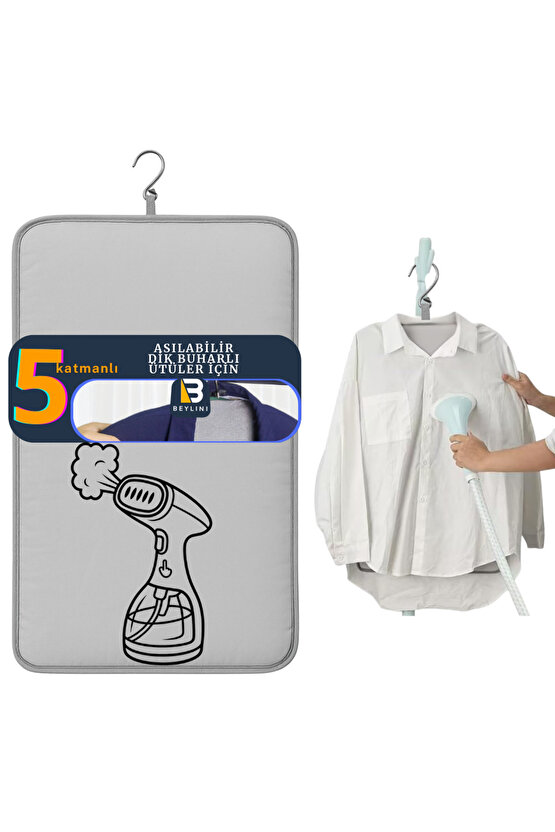 Buharlı Dikey Ütü Matı 5 Katman Asılabilir Yanmaz Çift Taraflı Keçeli Buharlı Ütü Bezi Gri 50x80 CM