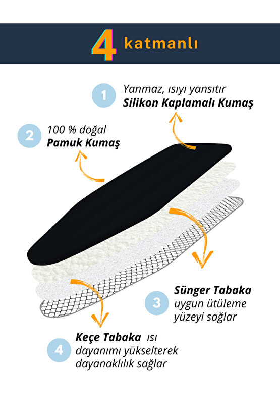 Ütü Masası Kılıfı Lastikli Keçeli Yanmaz Ütü Masası Örtüsü Bezi Siyah 50x150 CM