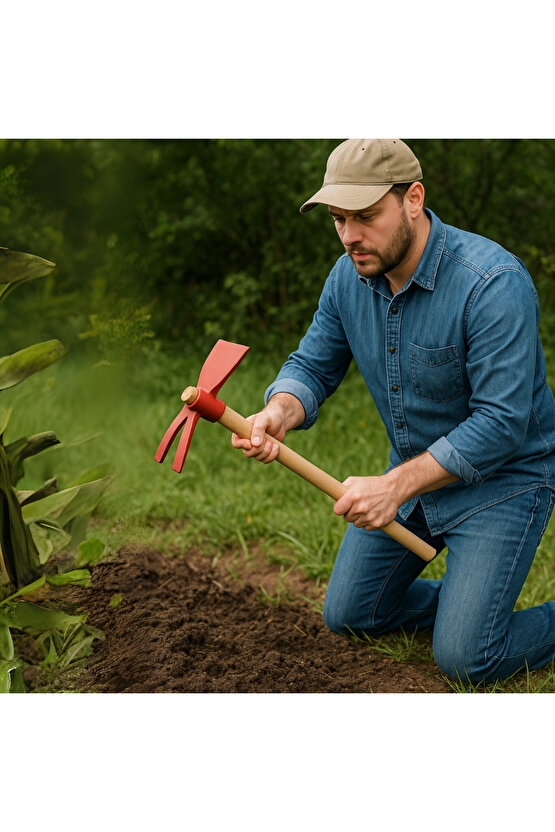Bahçe Çapa Kazma Toprak Havalandırma Yabani Ot Temizleme Profesyonel Ergonomik Ahşap Kırmızı 40 CM