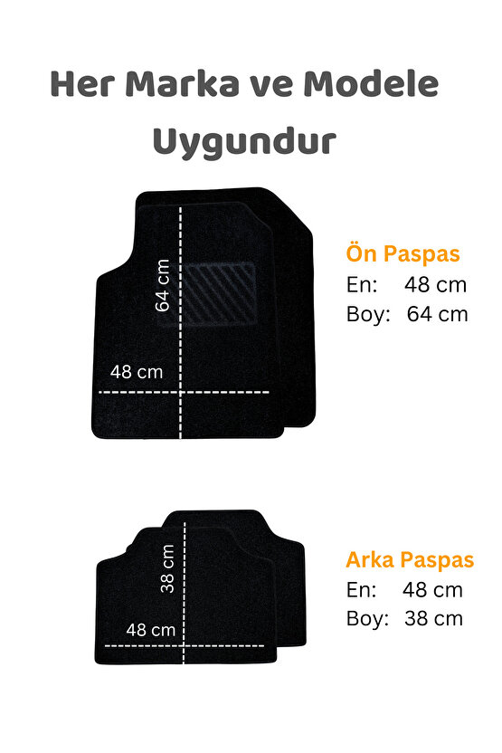 Oto Paspas Halı Kaymaz Taban Yıkanabilir Silinebilir Tüm Araç Modellere Uyumlu Siyah TPR 4 Parça