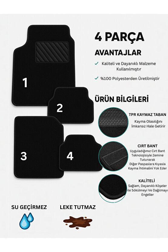 Oto Paspas Halı Kaymaz Taban Yıkanabilir Silinebilir Tüm Araç Modellere Uyumlu Siyah TPR 4 Parça