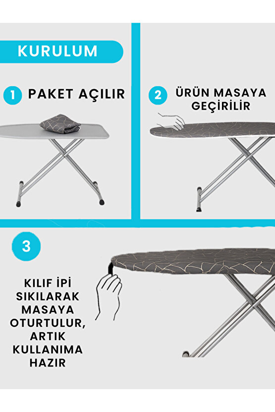 Ütü Masası Kılıfı Örtüsü Bezi, Keçeli,süngerli, Ipli Yanmaz Ayarlanabilir 50x150 Cm Gri