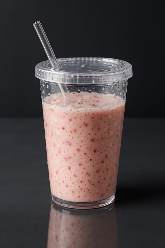 Şeffaf Cam Pipetli Plastik Bardak 500 ml – Su Damlacıklı Desen - Kapaklı Soğuk İçecek Bardağı