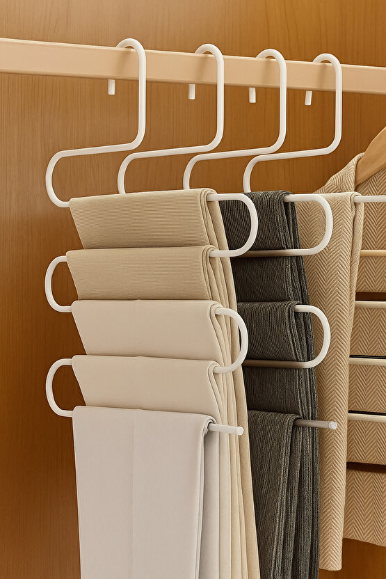 Beyaz 5 Bölmeli Metal Elbise Askısı - Giysi Pantalon Fular Kıyafet Gardrop Düzenleyici Organizer