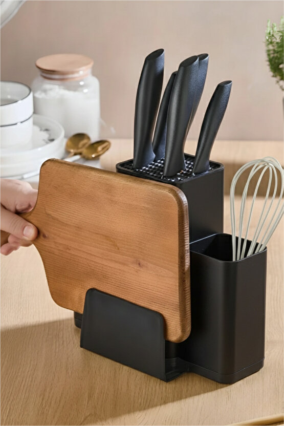 4Ü1 Bıçaklık Kaşıklık Kesme Tahta Standlı Mutfak Tezgah Üstü Dik Düzenleyici Siyah