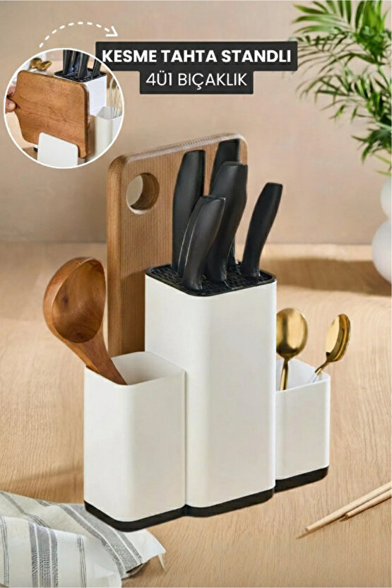 4Ü1 Bıçaklık Kaşıklık Kesme Tahta Standlı Mutfak Tezgah Üstü Dik Düzenleyici Beyaz