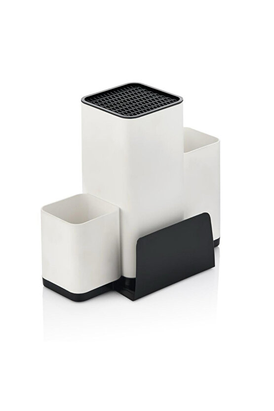 4Ü1 Bıçaklık Kaşıklık Kesme Tahta Standlı Mutfak Tezgah Üstü Dik Düzenleyici Beyaz