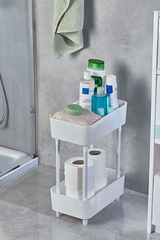 Banyo Düzenleyici 2 Katlı Beyaz Raf – Kozmetik, Makyaj Şampuan, Havlu Dolap Organizeri