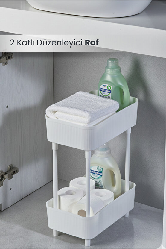 Düzenleyici 2 Katlı Beyaz Raf -Dolap İçi & Tezgah Üstü Banyo Deterjanlık Mutfak Evye Altı Organizer