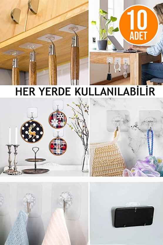 10 Adet - Kendinden Yapışkanlı Çok Amaçlı Kancalı Askı
