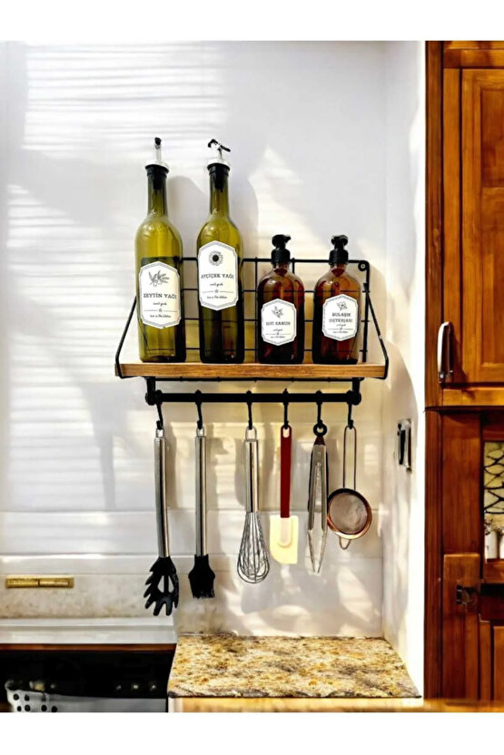 Ahşap Standlı Metal Dekoratif Mutfak Rafı - Asılabilir Kancalı