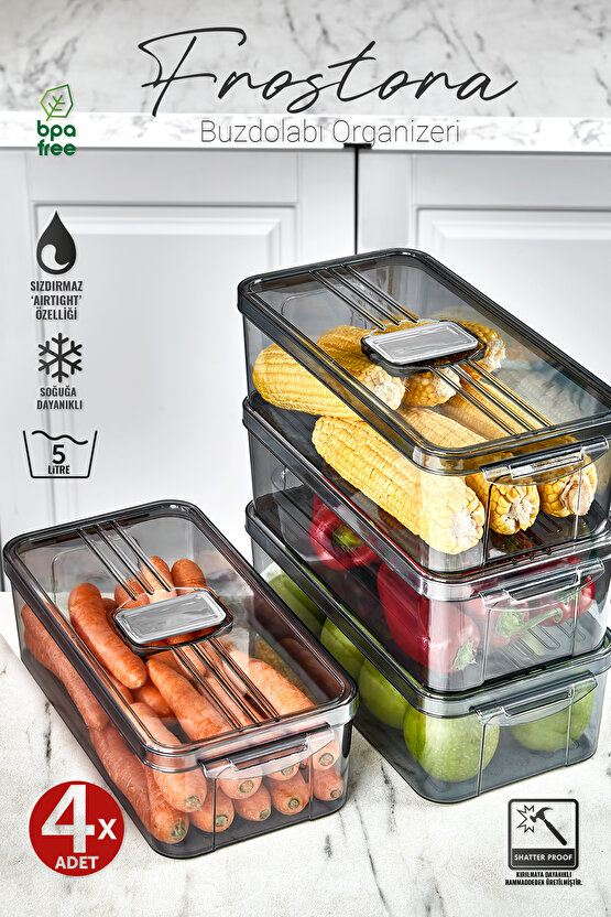 4x Adet Füme 3 Lt  Frostora Kapaklı Buzdolabı Organizeri & Saklama Kabı & Düzenleyici & Erzak Kabı