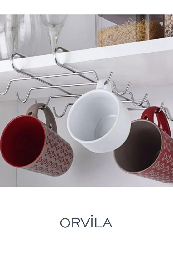 Raf Altı Asılabilir 10 Kancalı Fincan Ve Kupa Bardak Düzenleyici Askılığı - Krom