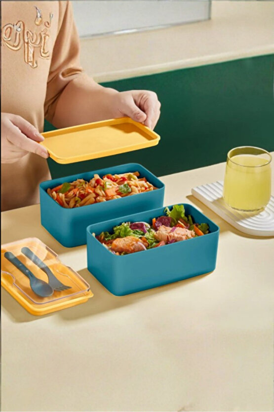 Mega Boy 2 Katlı Yemek Saklama Kabı 2 Litre - Kendinden Çatal Kaşık Servisli Lunch Box Set