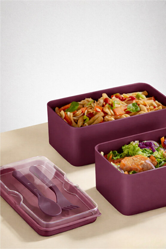 Mega Boy 2 Katlı Yemek Saklama Kabı 2 Litre - Kendinden Çatal Kaşık Servisli Lunch Box Set