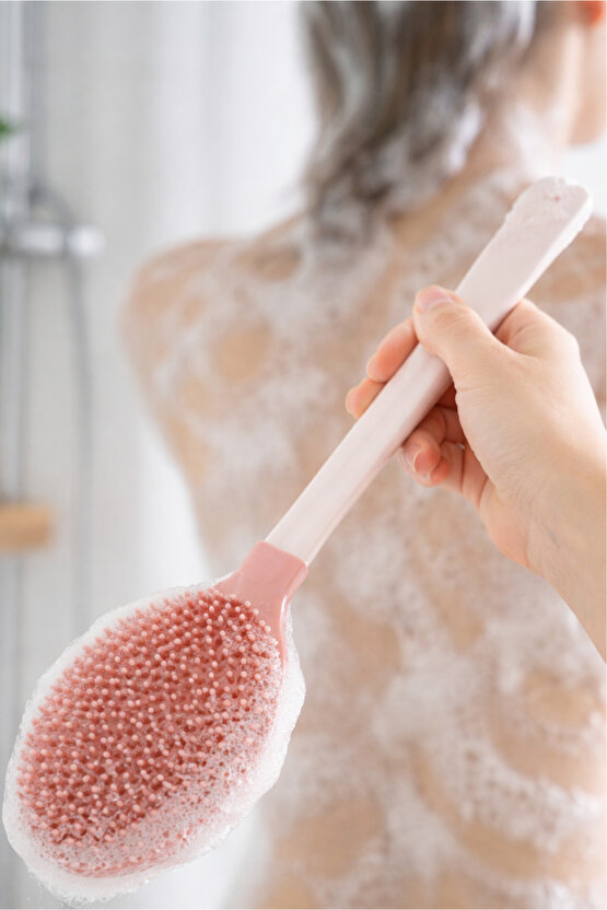 Silikon Çift Taraflı Duş Ve Masaj Fırçası - Saplı Vücut Temizlenme Fırçası