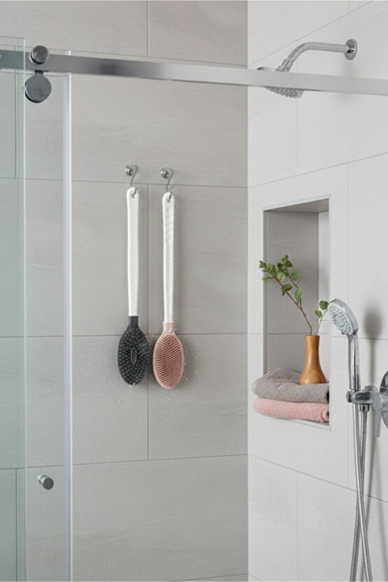 Silikon Çift Taraflı Duş Ve Masaj Fırçası - Saplı Vücut Temizlenme Fırçası